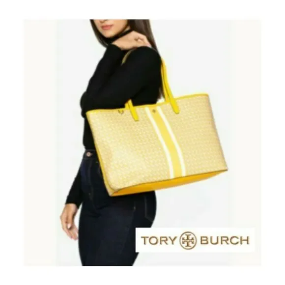 Tory Burch Bright Yellow Varsity Stripe T- Monogram Tote Bag